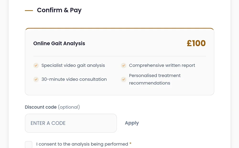 The confirm-and-pay step of the live booking form, showing the price, what is included and the consent boxes