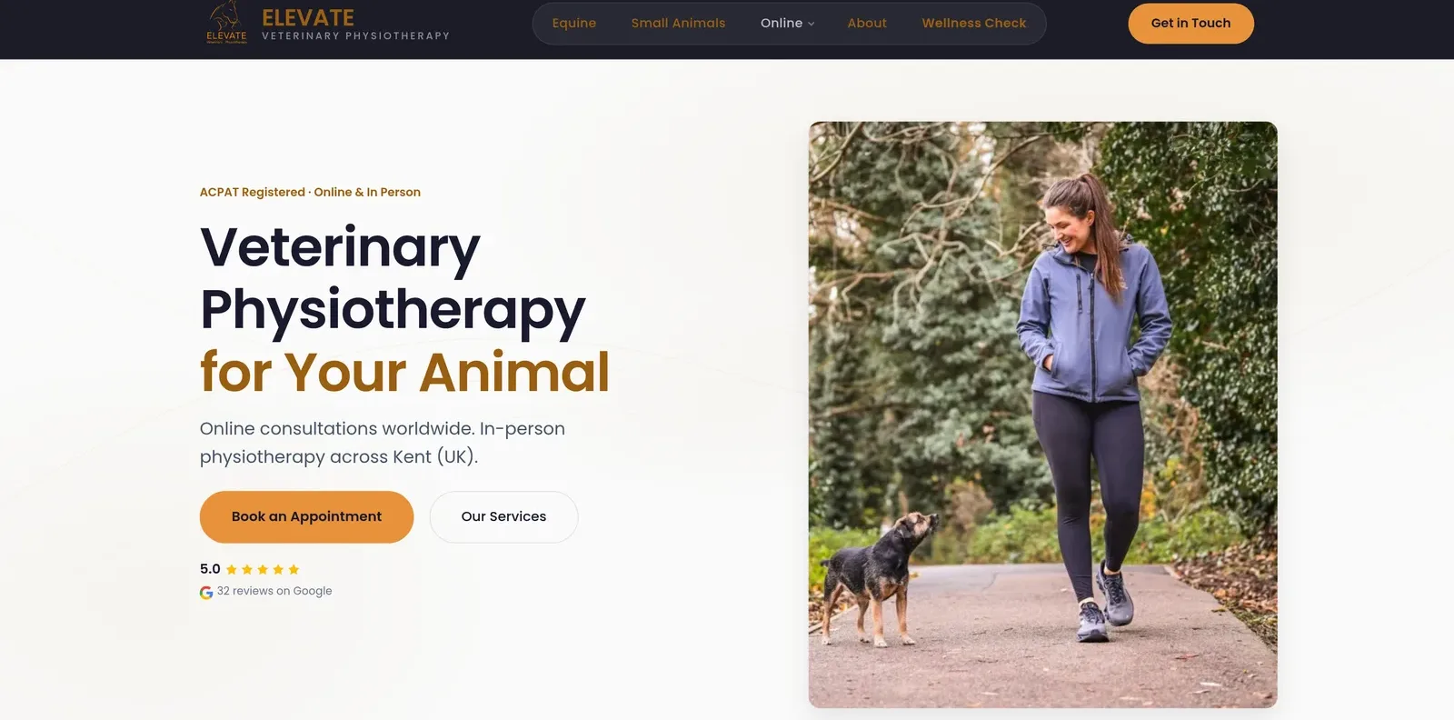 The homepage of the live Elevate Veterinary Physiotherapy website, built by EdTheDev